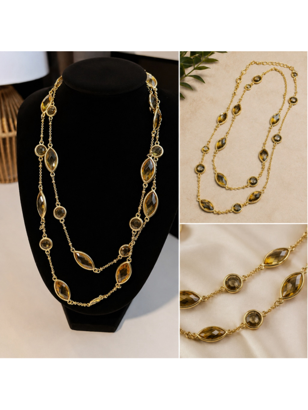 Vintage MONET Gold Tone Amber Crystal Long Station Necklace Signed Designer Jewe